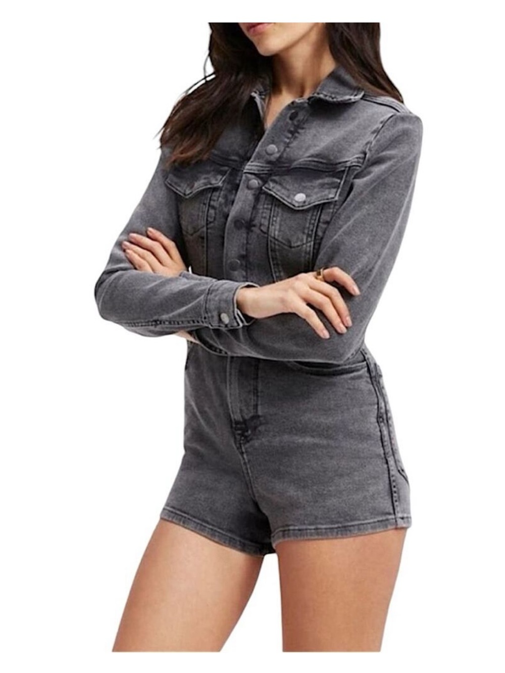 Good American Grey-Black Denim Long Sleeve Romper - Picture 2 of 10